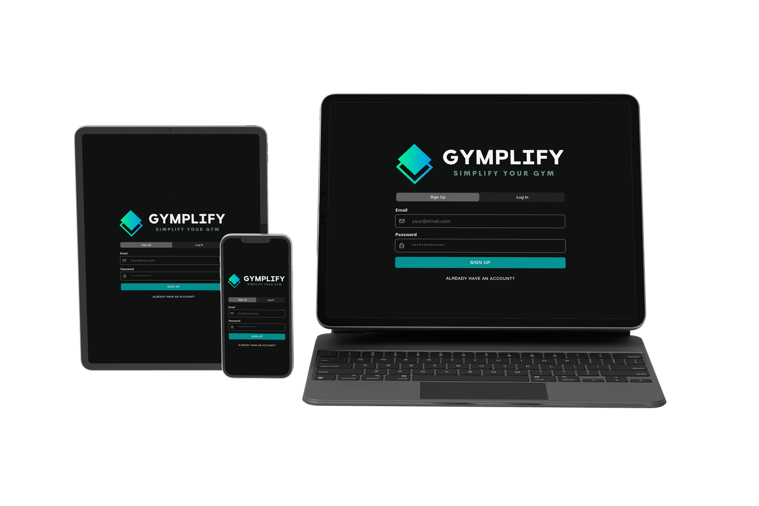 A computer, an iPad and an iPhone with the Gymplify app on the screen.