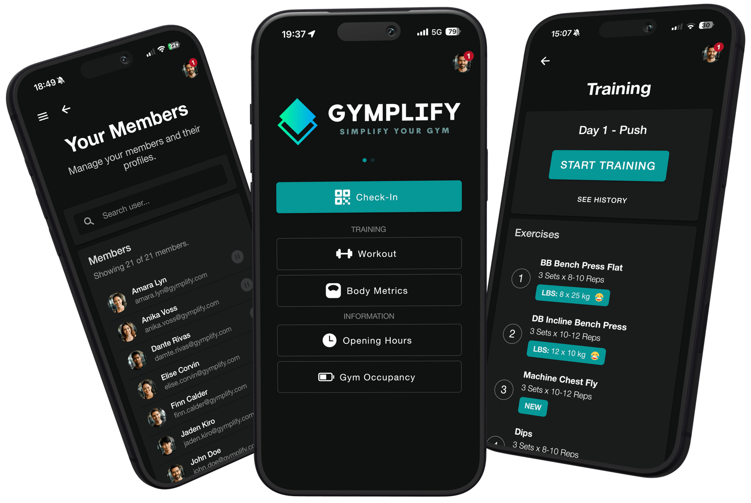 Two iPhones with the Gymplify app on the screen.