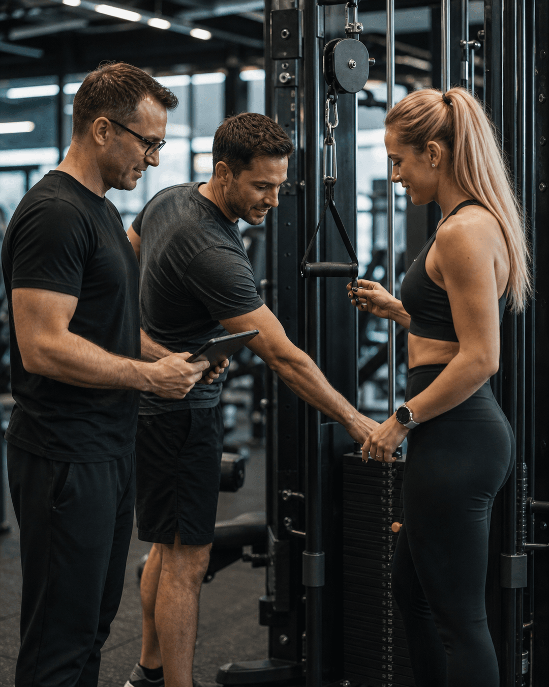 A gym manager, coach and member discussing a cable machine setup