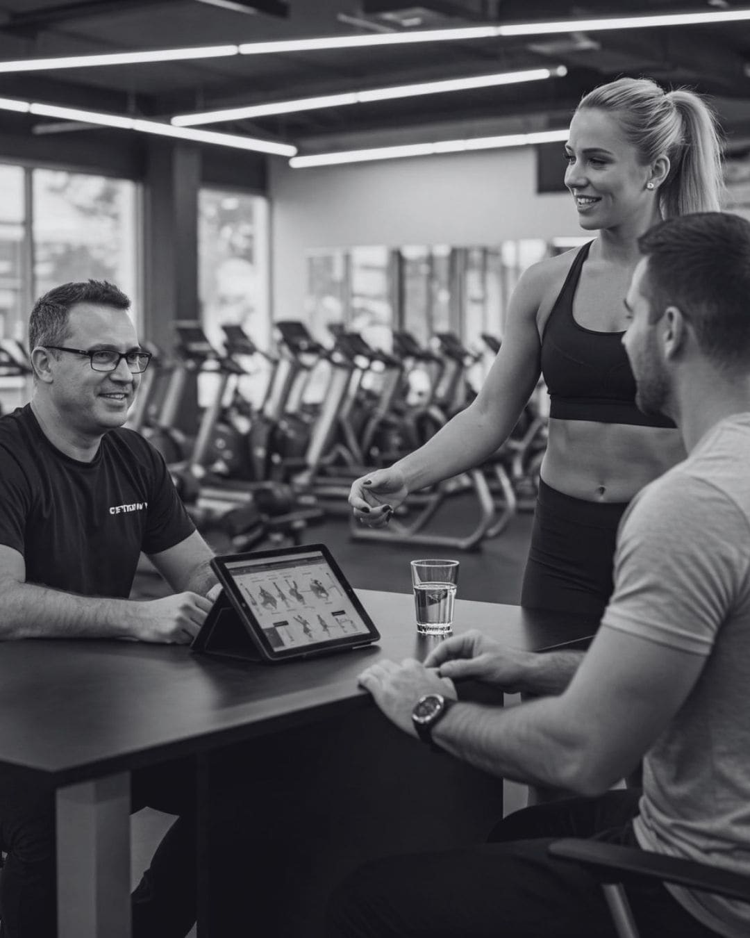 Gym staff using a tablet with a member on the training floor
