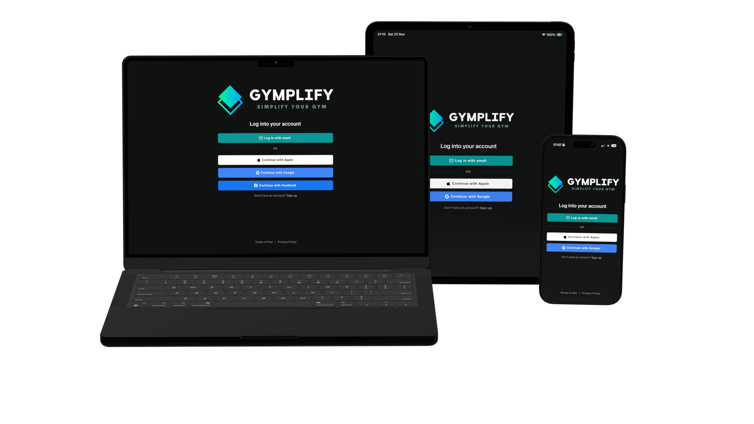 A computer, an iPad and an iPhone with the Gymplify app on the screen.