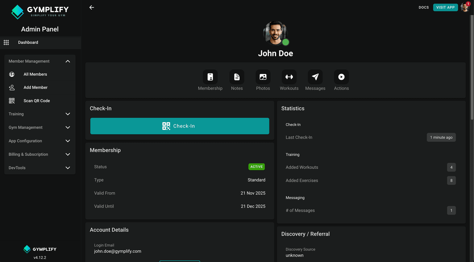 Gymplify member profile and gym operations dashboard